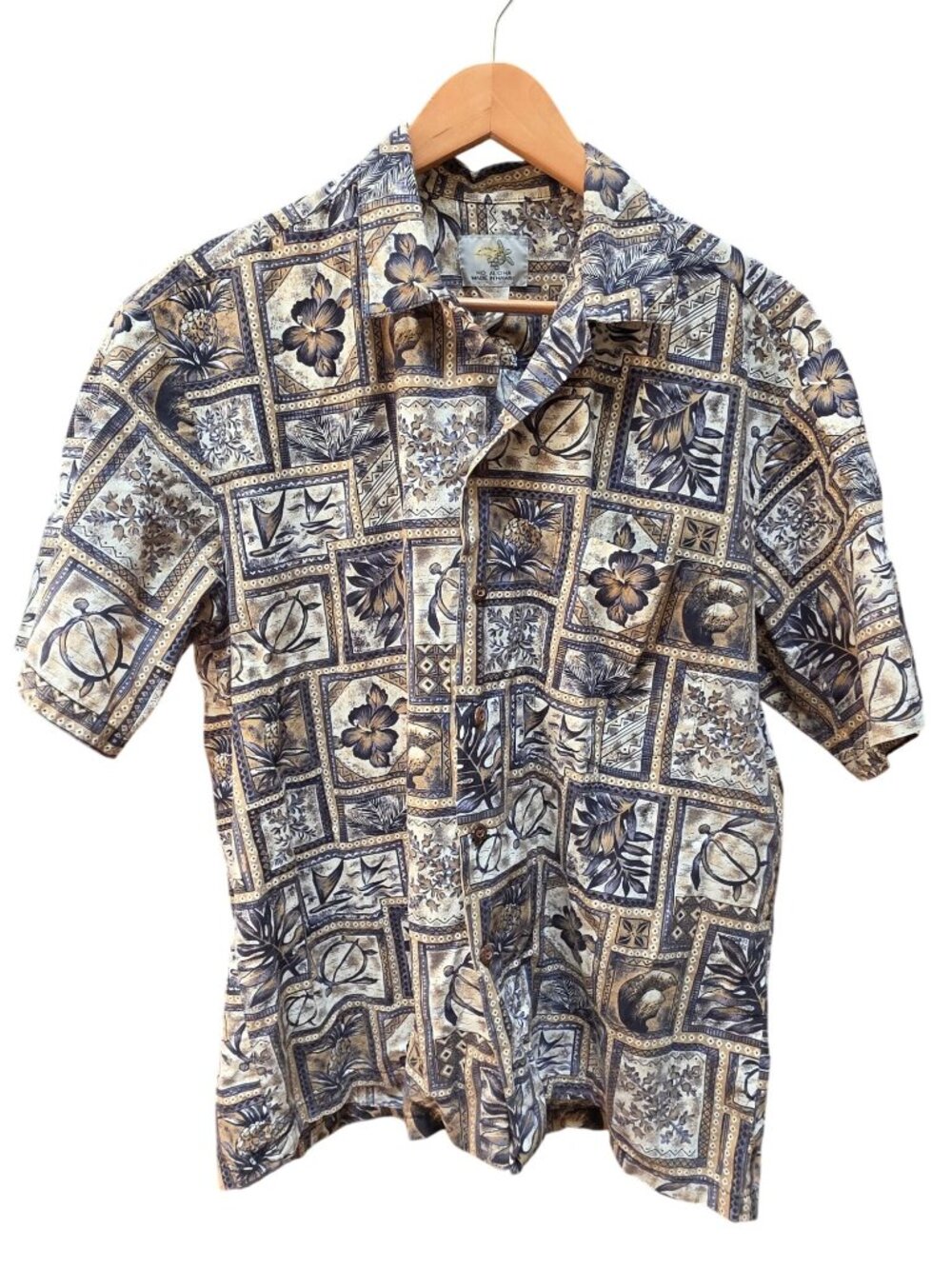 Ho Aloha Hawaiian Shirt Mens Large Made In Hawaii Beige Blue Tropical Floral Alo